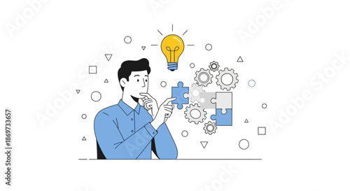 Man having an idea with puzzle pieces and gears around him with creative and problem solving and innovation and inspiration and brainstorming