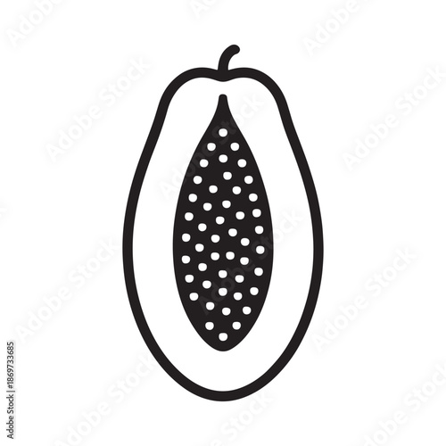 A simple black and white line drawing of a papaya cut in half