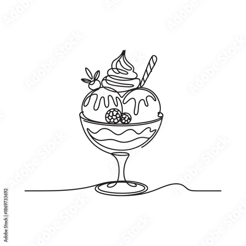 A single line drawing of a delicious ice cream sundae in a glass bowl