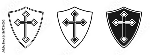 Shield with cross icon set. Coat of arms christianity symbol. Heraldry crusade logo sign. Vector illustration image.