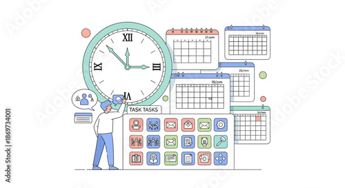 A man plans tasks on calendar with clock and computer icons around him for organization and time management with task planning and productivity