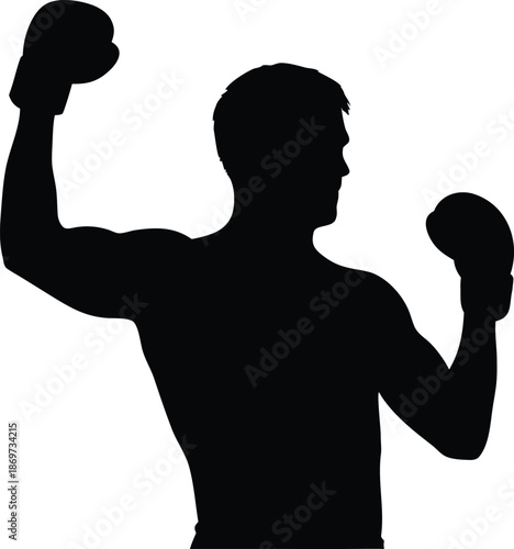 Powerful Male Boxer Silhouette Raising Gloved Fists in a Victorious Pose