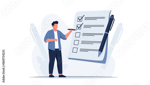 Business man checking items on a to-do list with pen, planning and organization concept