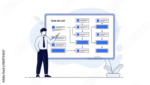 Business man pointing at task list flowchart on digital screen, project management concept