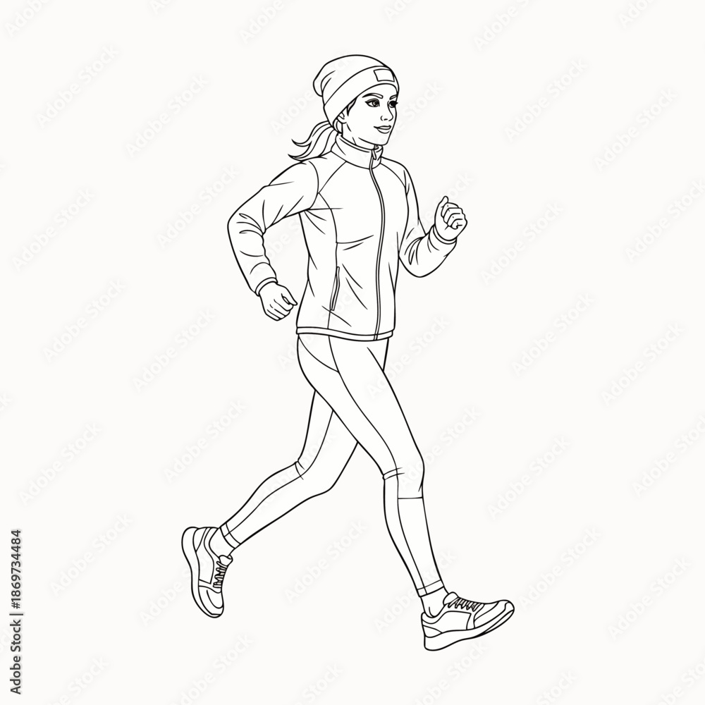 Fototapeta premium Line art illustration of a fit woman running outdoors in athletic wear, winter hat, and jacket, representing healthy lifestyle and exercise