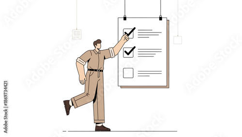 Businessman checking off tasks on a checklist board, planning and organization concept