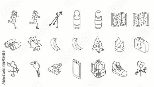 Set of outdoor adventure and hiking icons in isometric outline style, perfect for travel and lifestyle themes.