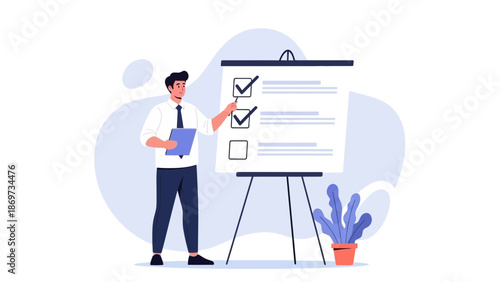 Businessman checking tasks on a whiteboard, planning and strategy concept