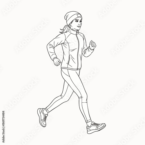 Line art illustration of a fit woman running outdoors in athletic wear, winter hat, and jacket, representing healthy lifestyle and exercise
