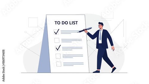 Businessman marking tasks on a large to-do list, planning and organization concept
