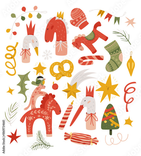 Set of Christmas and New Year hand drawn elements. illustrations of horses and ducks