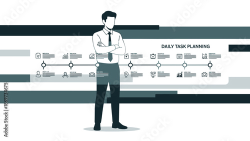 Businessman Planning Daily Tasks with Timeline and Icons