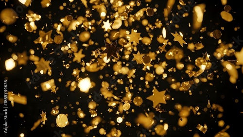 A luxurious scattering of gold confetti and stars on a black background viewed from directly above