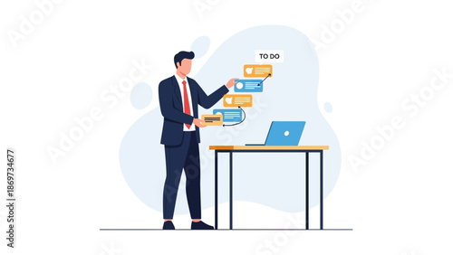 Businessman planning tasks on to-do list board with laptop at desk