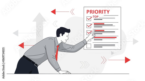 Businessman pointing at priority list, top tasks, goal achievement, strategy planning