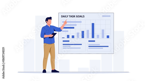 Businessman pointing at daily task goals chart on screen, planning and strategy concept