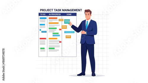 Businessman Presenting Project Task Management Board with To Do, In Progress, Done Sections