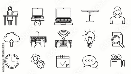 Set of modern line icons representing business, technology, and office work concepts.