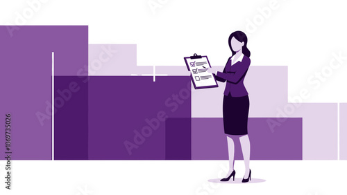Businesswoman checking checklist on clipboard against abstract purple geometric background