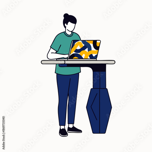 Modern woman standing at a desk with a laptop, working remotely or in a contemporary office, promoting healthy posture and productivity.