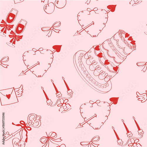 Seamless coquette pattern with hand-drawn hearts, cake, champagne glasses, candles, ribbons and bows on a pink background. Romantic preppy vector design for Valentine’s Day, fabric prints, wallpaper 