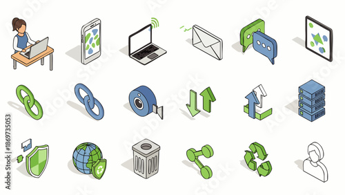 Isometric Icons Set for Technology, Communication, and Digital Services - Vector Graphics