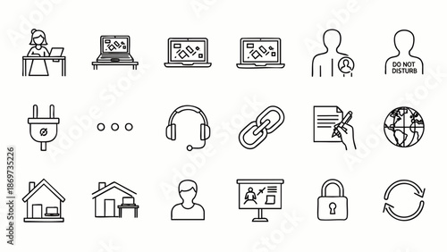 Vector Set of Business and Technology Icons: Computer, Office, Communication, Security, and Global Concepts