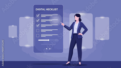 Businesswoman interacting with digital checklist on futuristic interface, task management concept