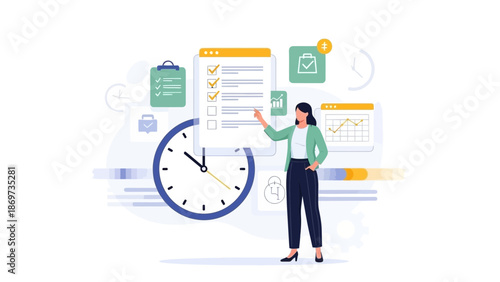 Businesswoman planning and managing tasks with clock and checklist vector illustration