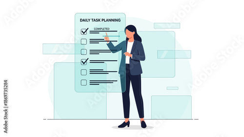 Businesswoman planning daily tasks on checklist with completed items marked