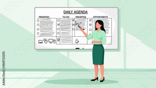 Businesswoman Planning Daily Agenda on Whiteboard for Productivity and Success
