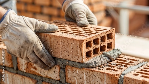 Mason laying brick with mortar on construction site  