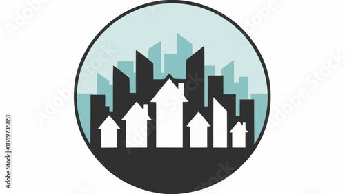 Cityscape with Upward Arrows Representing Growth.