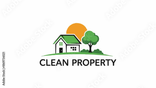 Clean Property Logo with House Tree and Sun.
