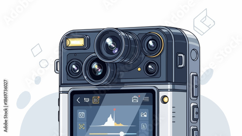 Close up illustration of a modern digital camera with dual lenses and screen.