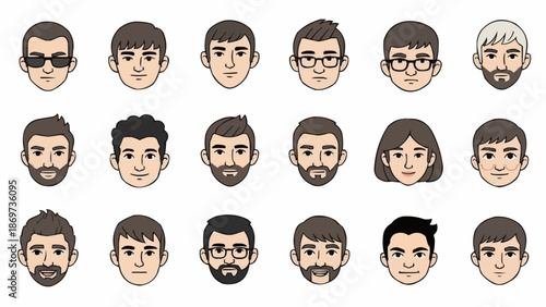 Collection of Diverse Male and Female Faces with Different Hairstyles and Features.