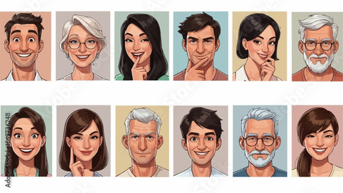 Diverse Group of People Portraits Cartoon Style.