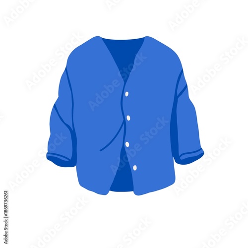 Modern casual blouse, women shirt. Stylish loose apparel, female garment. Top textile wearing with buttons, sleeves. Flat vector illustration isolated on white background
