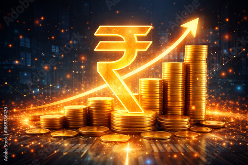 Rupee Growth: Golden Coins and Currency Symbol with Rising Arrow