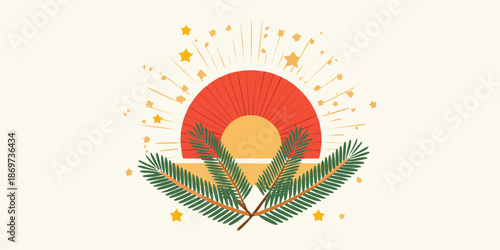 Celestial Harmony: Japanese New Year a stylized sun setting over a serene landscape, embellished with celestial stars and natural evergreen elements.