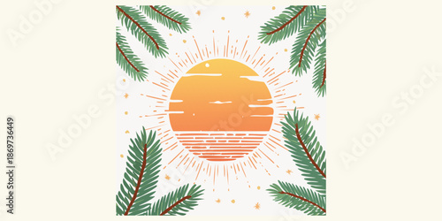 Summer Solstice Sunrise: Japanese New Year, with the sun's radiant energy reflected on the water's surface, framed by delicate green leaves.