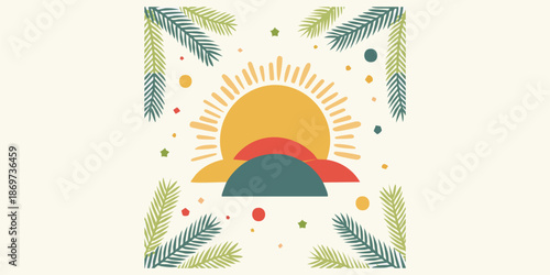 Sunrise Illustration: Japanese New Year. A vibrant illustration depicts the sun rising, framed by artistic elements, symbolizing a new day and fresh starts. 