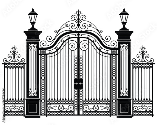 Elegant Wrought Iron Entrance Gate with Ornate Scrollwork and Lanterns, a Classic Barrier Design