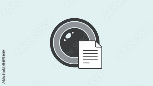Camera lens icon with document symbol illustration.