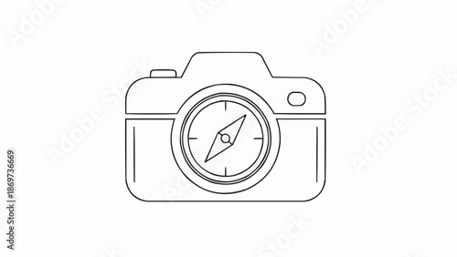 Camera with compass lens symbolizing travel photography direction.