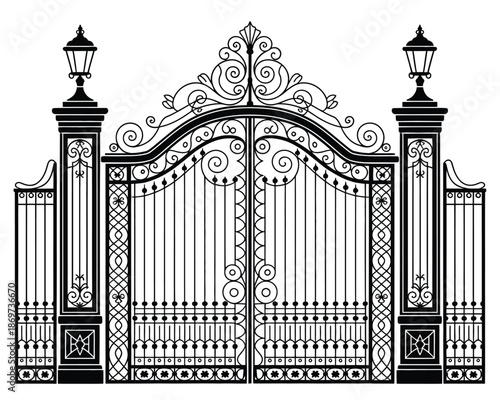 Ornate Wrought Iron Gate with Lampposts, Classic Architectural Entrance