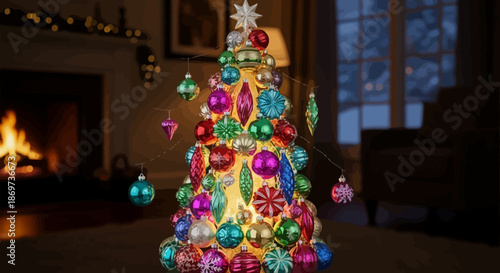 Colorful christmas tree decorated with ornaments in a cozy living room with a warm fireplace with colorful ornaments and holiday decoration and festive atmosphere
