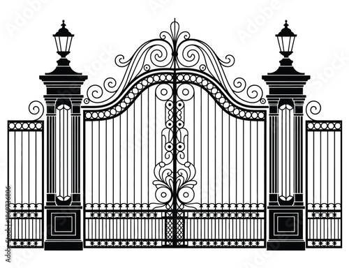 Ornate wrought iron gate with lamp posts and decorative scrolls