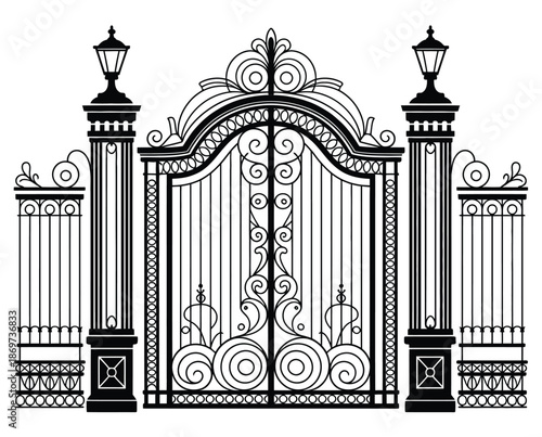 Elaborate wrought iron gate with decorative scrolls and two flanking lampposts