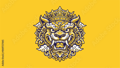 Intricate golden lion head illustration on a vibrant yellow background.